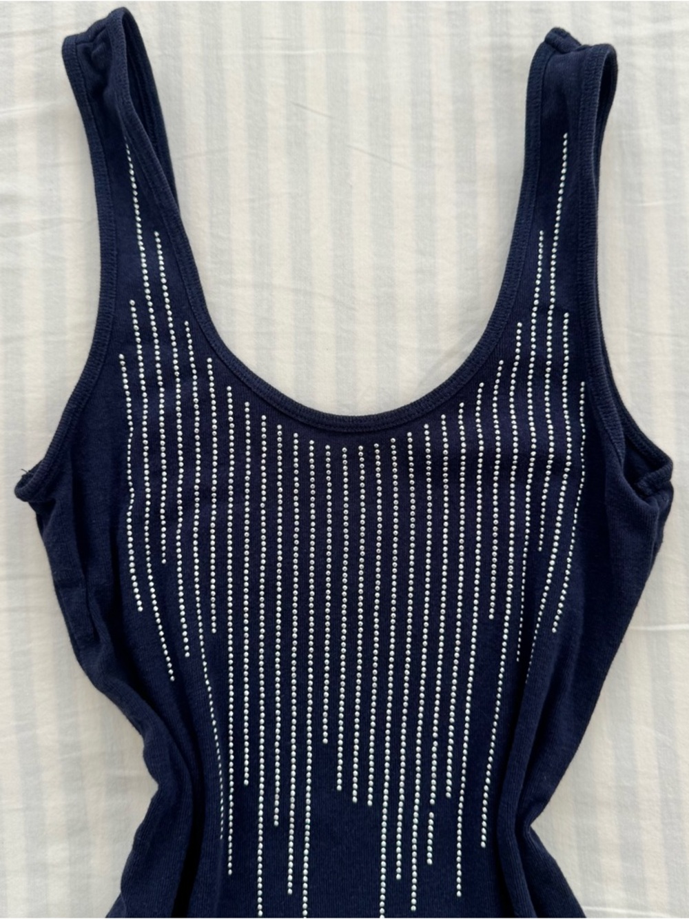 Y2k Navy Express Tank Top with Silver Rhinestone Drip Detail